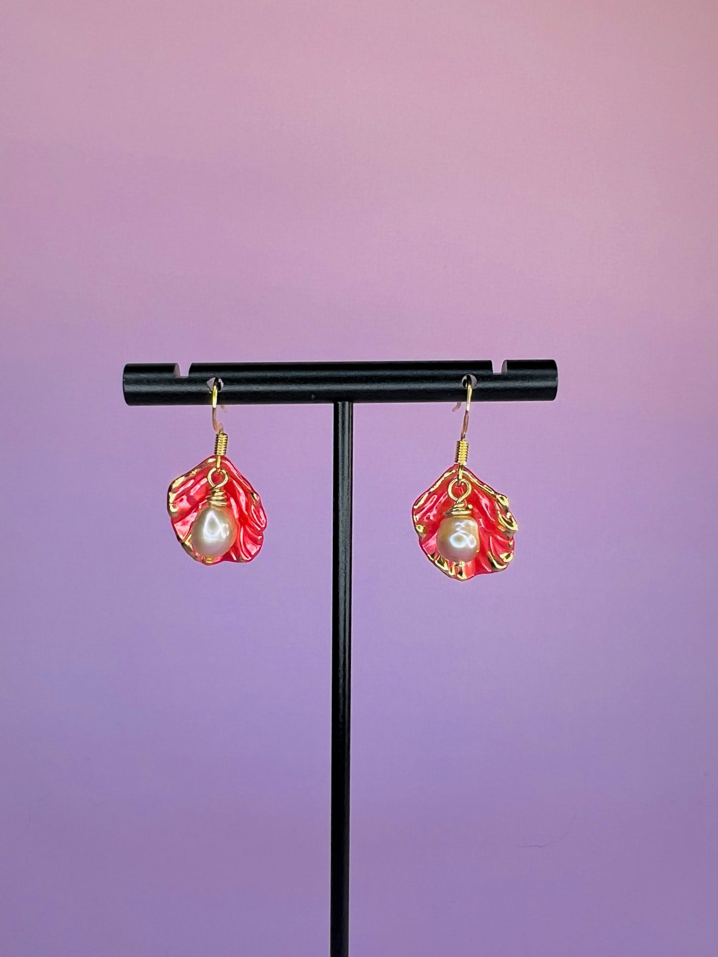 Freshwater Pearl Leaf Dangles - Coral