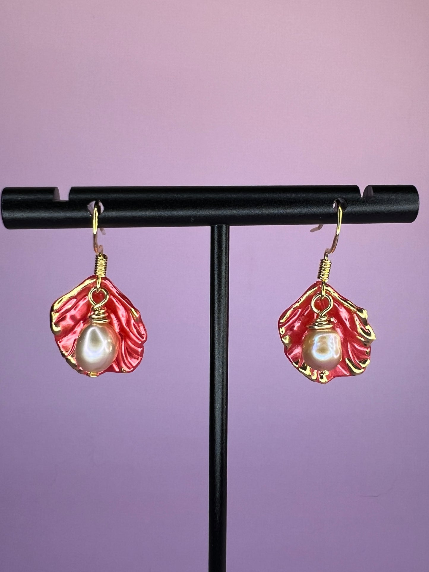 Freshwater Pearl Leaf Dangles - Coral
