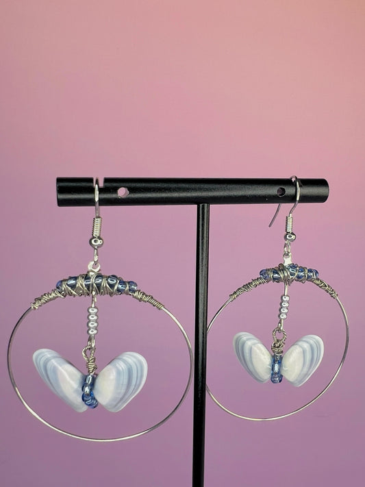 Coquina Shell Butterfly Hoop Dangle Earrings