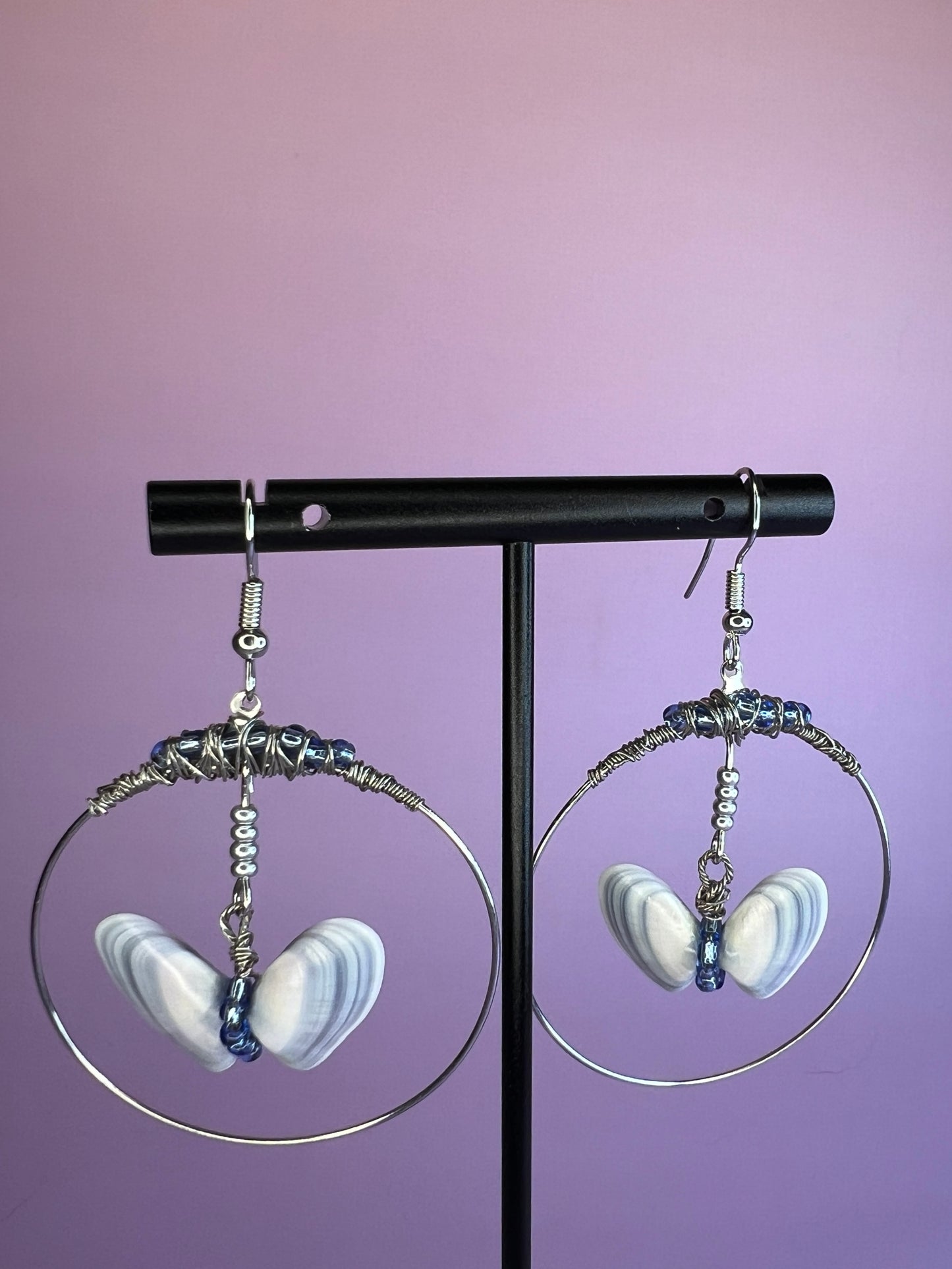 Coquina Shell Butterfly Hoop Dangle Earrings