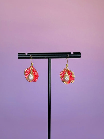 Freshwater Pearl Leaf Dangles - Coral