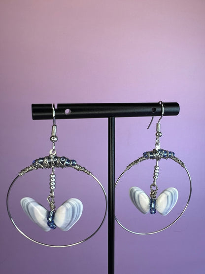 Coquina Shell Butterfly Hoop Dangle Earrings
